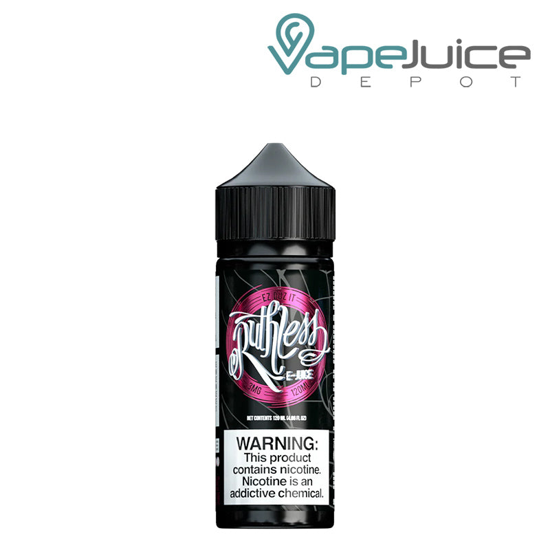 A 120ml bottle of EZ Duz It Ruthless Vapor with a warning sign - Vape Juice Depot