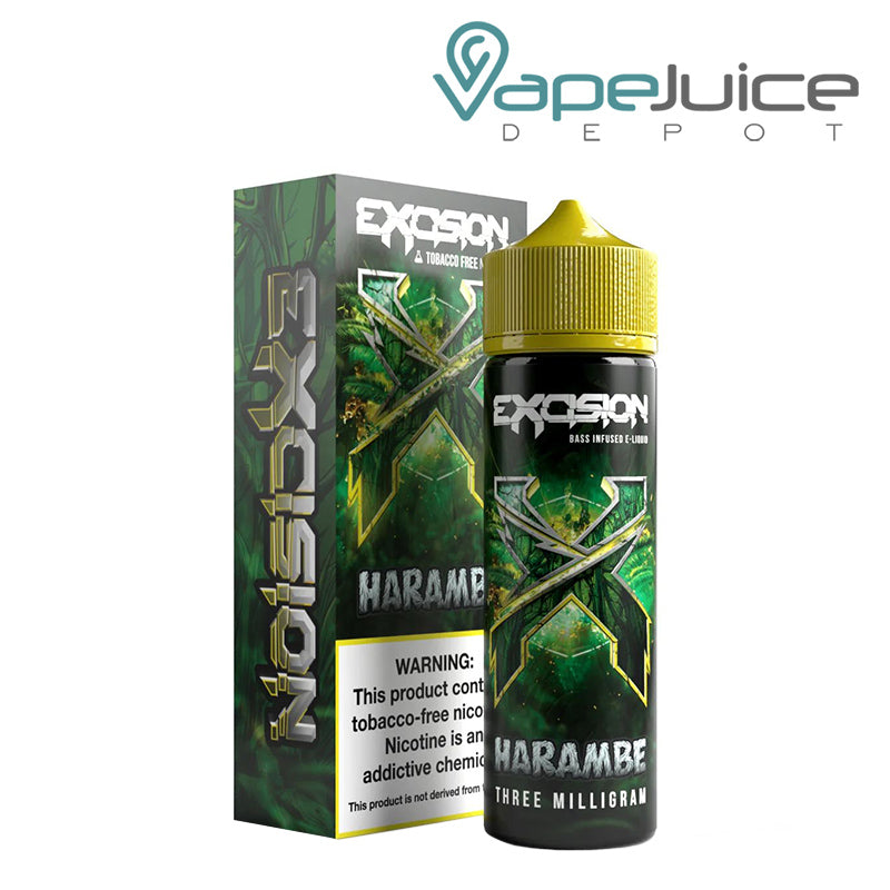 A box of Excision Harambe ALT ZERO eLiquid with a warning sign and a 60ml bottle next to it - Vape Juice Depot