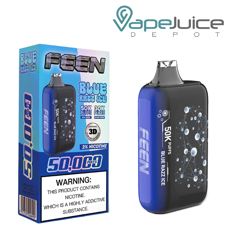 A Box of Blue Razz Ice FEEN 50K 2% Nicotine Disposable with a warning sign and a device with a 3D screen next to it - Vape Juice Depot