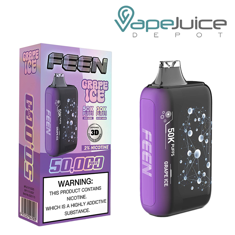 A Box of Grape Ice FEEN 50K 2% Nicotine Disposable with a warning sign and a device with a 3D screen next to it - Vape Juice Depot