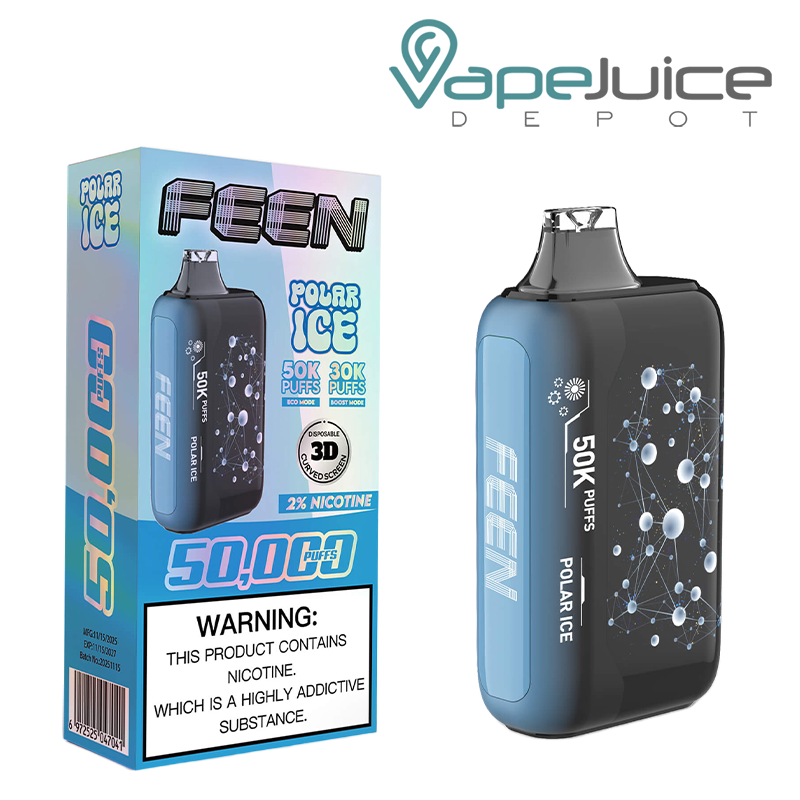 A Box of Polar Ice FEEN 50K 2% Nicotine Disposable with a warning sign and a device with a 3D screen next to it - Vape Juice Depot