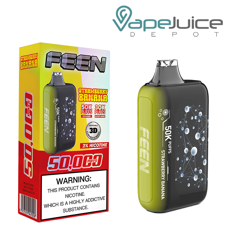 A Box of Strawberry Banana FEEN 50K 2% Nicotine Disposable with a warning sign and a device with a 3D screen next to it - Vape Juice Depot
