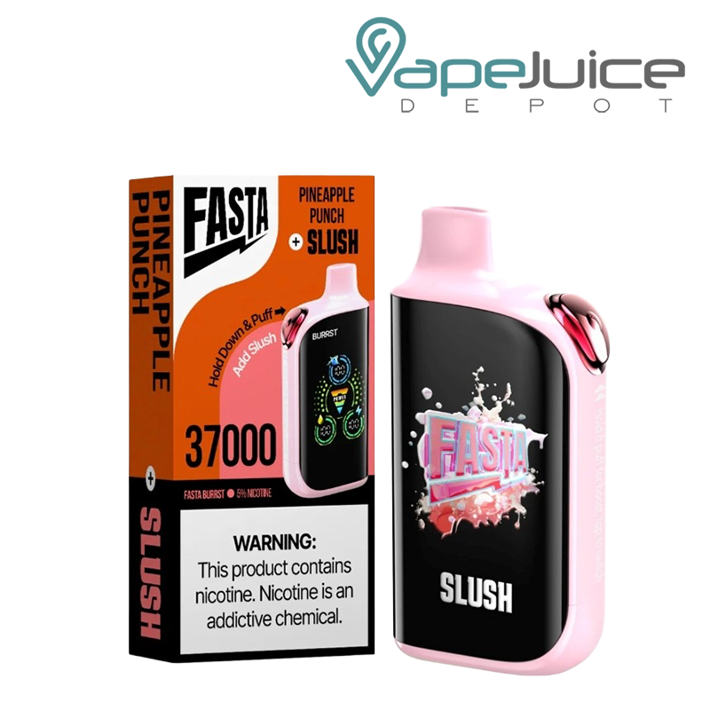 A Box of Pineapple Punch Fasta Burrst V2 37K Disposable with a warning sign and a device with a digital screen next to it - Vape Juice Depot