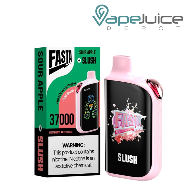 A Box of Sour Apple Fasta Burrst V2 37K Disposable with a warning sign and a device with a digital screen next to it - Vape Juice Depot