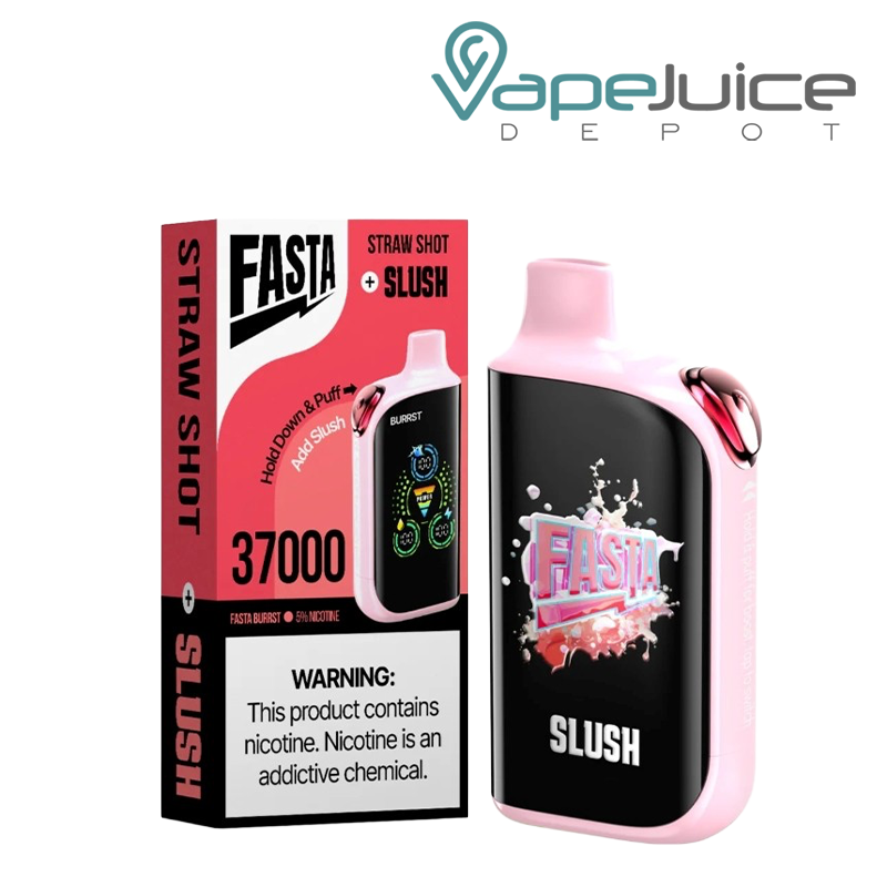 A Box of Straw Shot Fasta Burrst V2 37K Disposable with a warning sign and a device with a digital screen next to it - Vape Juice Depot