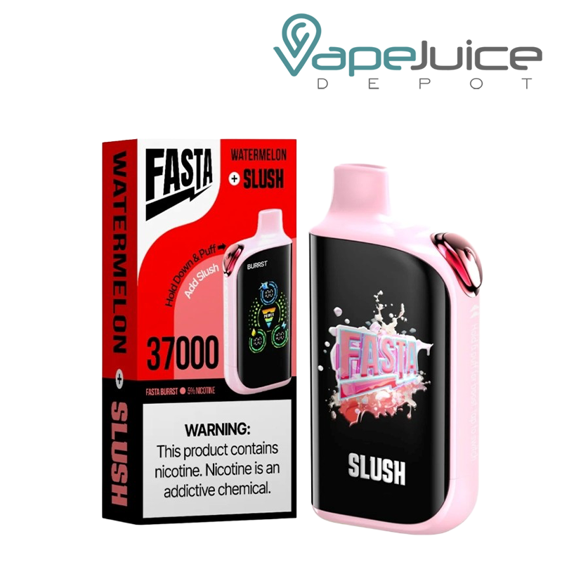 A Box of Watermelon Fasta Burrst V2 37K Disposable with a warning sign and a device with a digital screen next to it - Vape Juice Depot