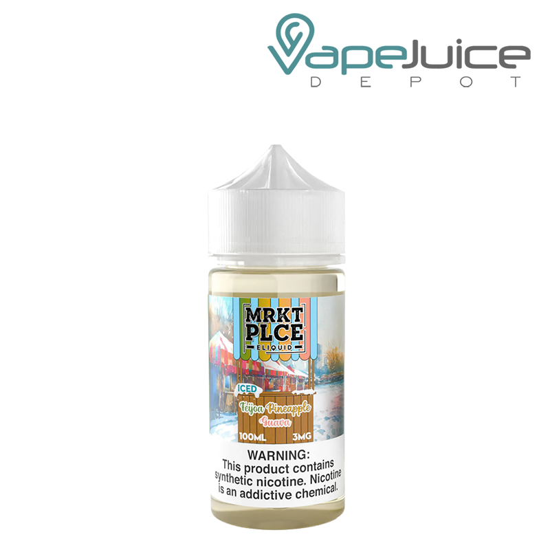 A 100ml bottle of Feijoa Pineapple Guava MRKTPLCE eLiquid bottle with a warning sign - Vape Juice Depot