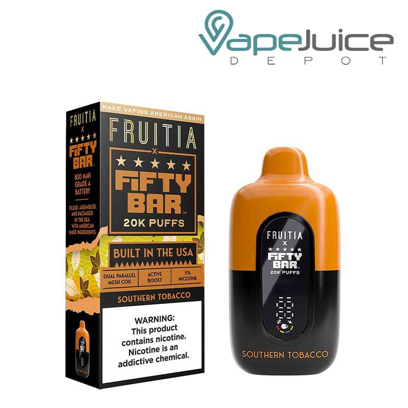 A Box of Fifty Bar X Fruitia 20K Southern Tobacco Disposable with a warning sign and a device with display screen next to it - Vape Juice Depot