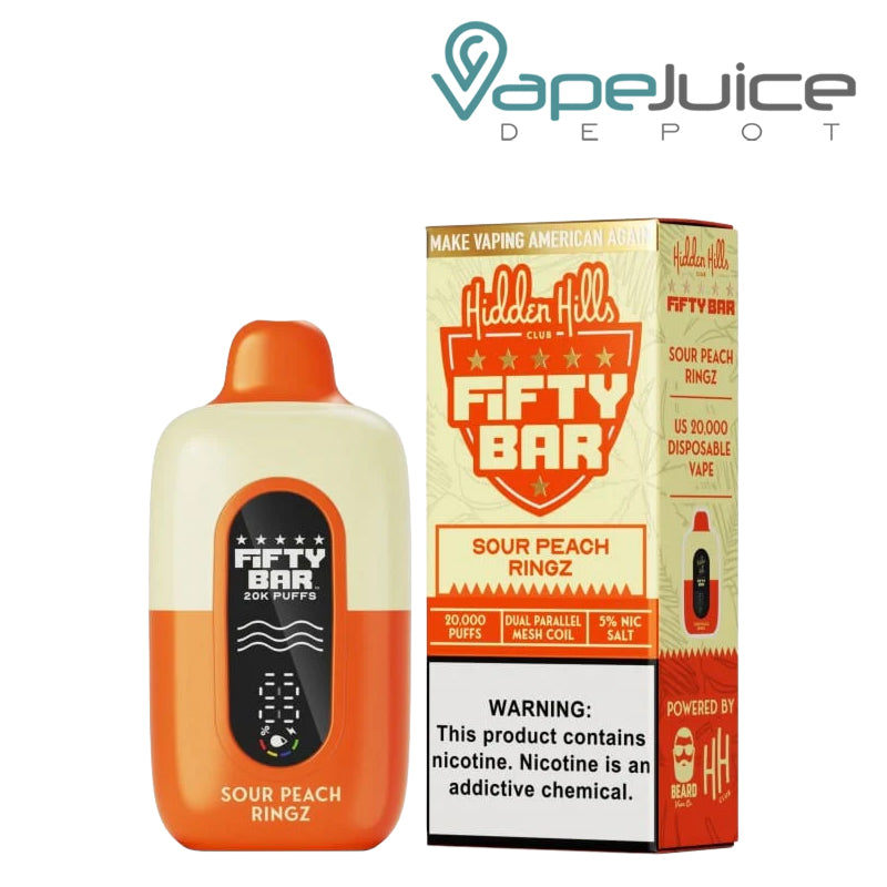 A Sour Peach Ringz Fifty Bar 20K Hidden Hills Disposable and a box with a warning sign next to it - Vape Juice Depot