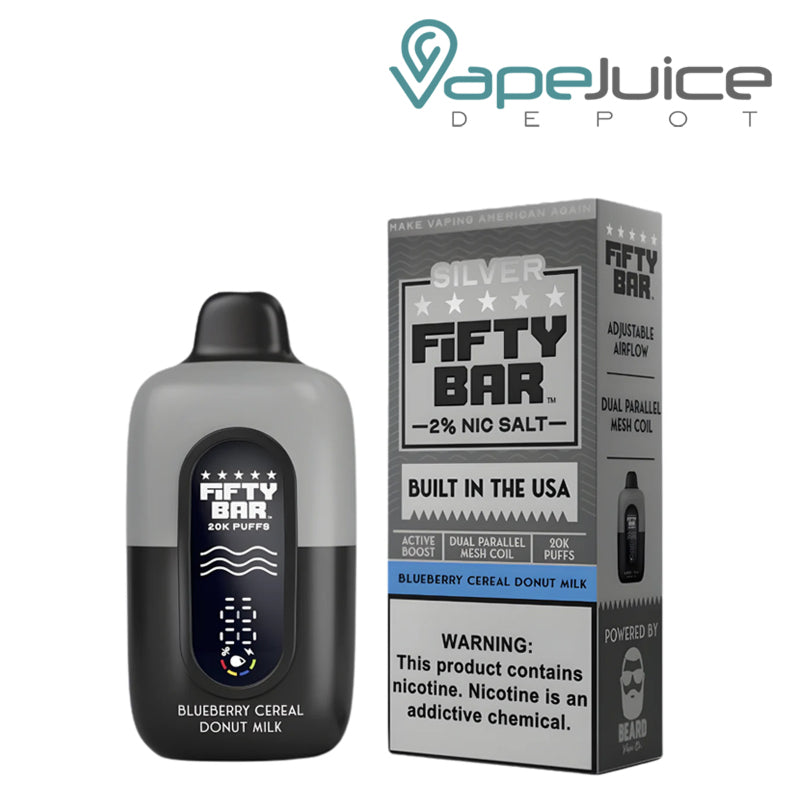 A Fifty Bar V2 20k 20mg Nicotine Disposable Blueberry Cereal Donut Milk and a box with a warning sign next to it - Vape Juice Depot