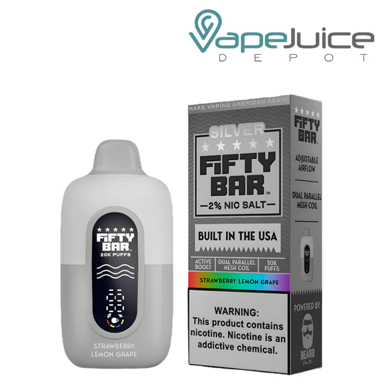 A Fifty Bar V2 20k 20mg Nicotine Disposable Strawbbery Lemon Grape and a box with a warning sign next to it - Vape Juice Depot