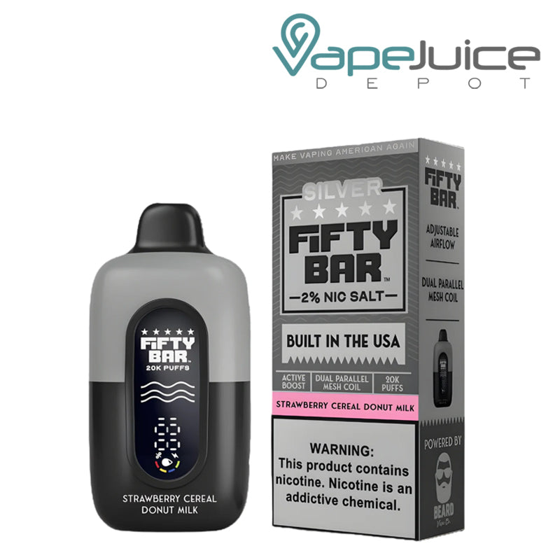 A Fifty Bar V2 20k 20mg Nicotine Disposable Strawberry Donut Milk and a box with a warning sign next to it - Vape Juice Depot