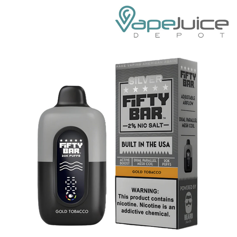 A Fifty Bar V2 20k 20mg Gold Tobacco Disposable and a box with a warning sign next to it - Vape Juice Depot