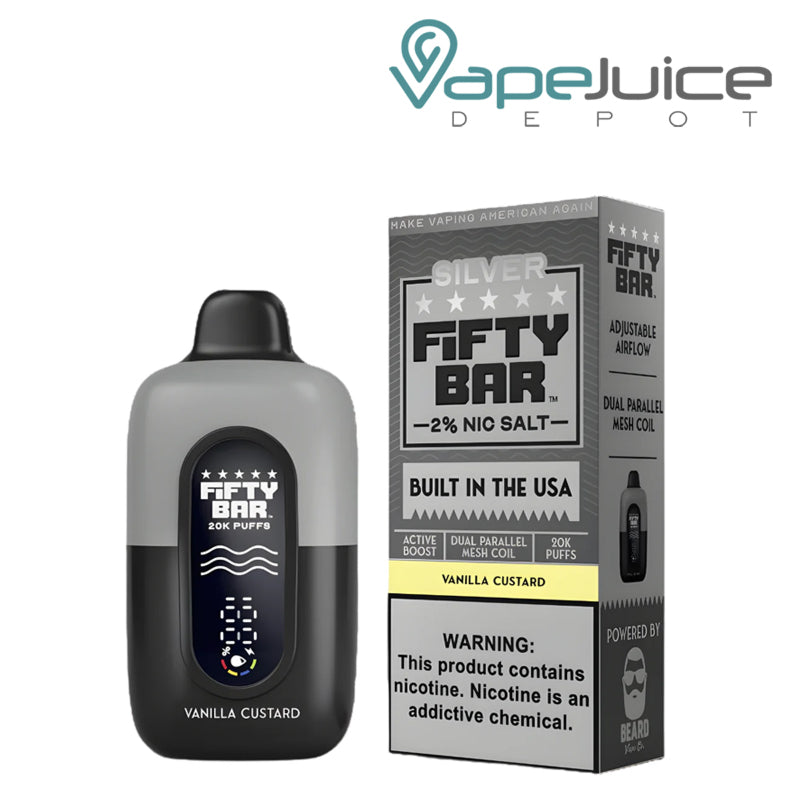 A Fifty Bar V2 20k 20mg Nicotine Disposable Vanilla Custard and a box with a warning sign next to it - Vape Juice Depot