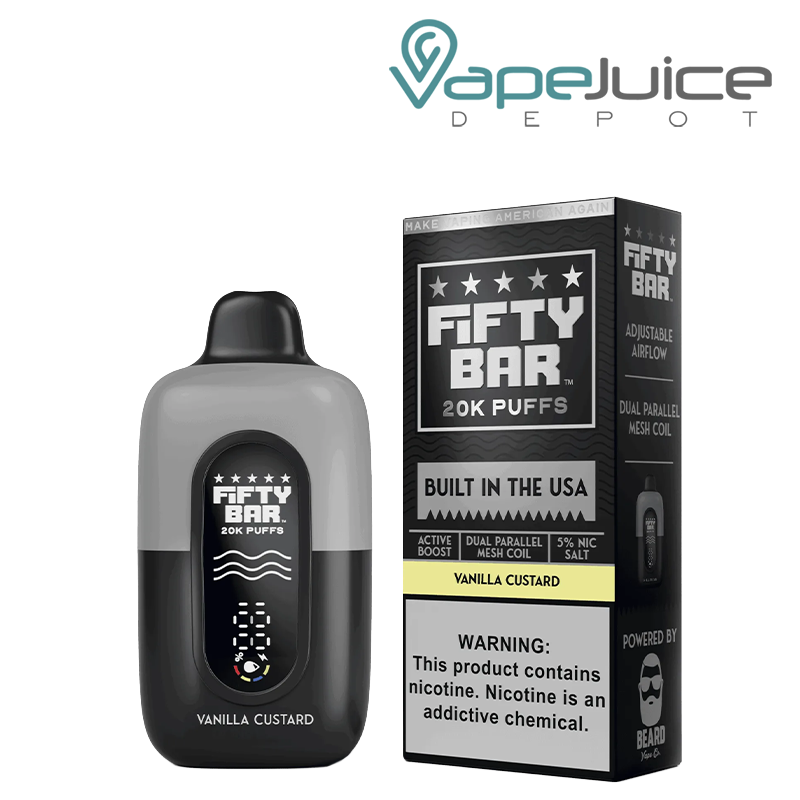 A Vanilla Custard Fifty Bar V2 20k Disposable and a box with a warning sign next to it - Vape Juice Depot