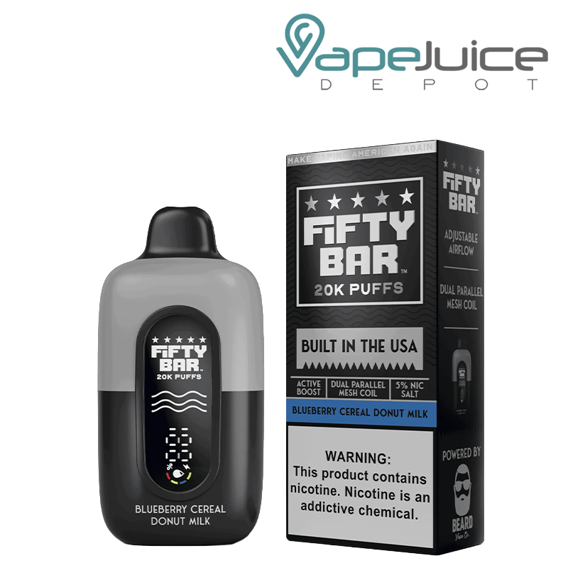 A Blueberry Cereal Donut Milk Fifty Bar V2 20k Disposable and a box with a warning sign next to it - Vape Juice Depot