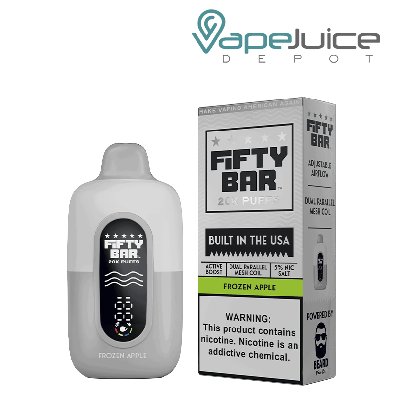 A Frozen Apple Fifty Bar V2 20k Disposable and a box with a warning sign next to it - Vape Juice Depot