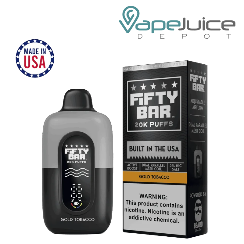 A Gold Tobacco Fifty Bar V2 20k Tobacco Disposable and a box with a warning sign next to it - Vape Juice Depot