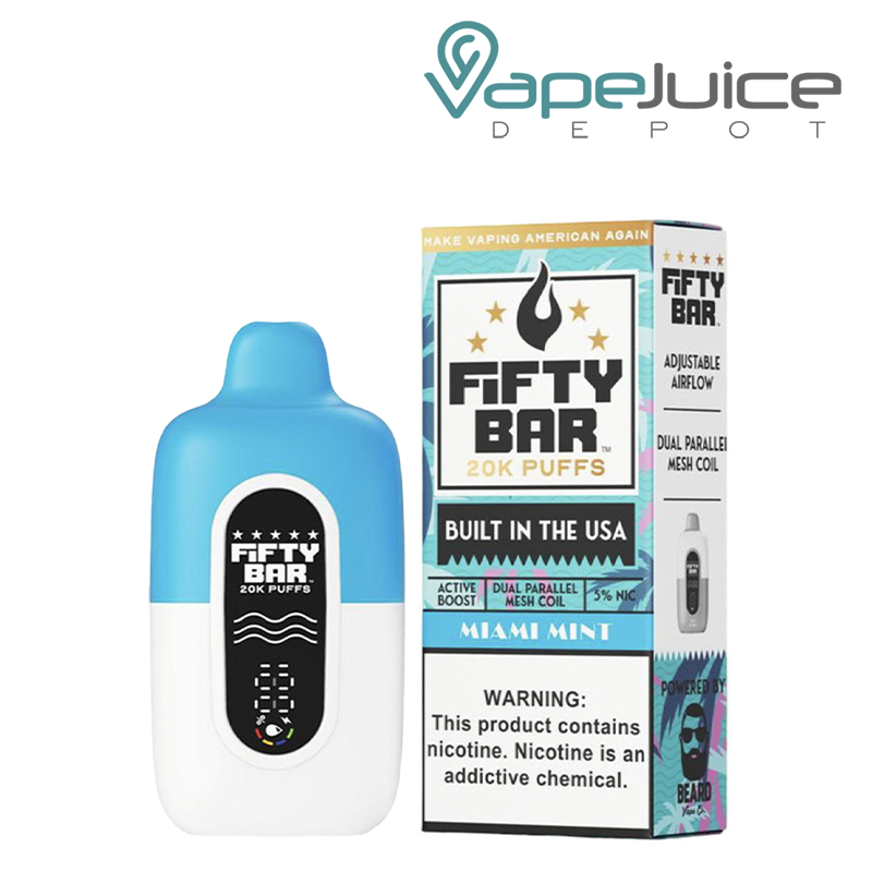 A Miami Mint Fifty Bar V2 20k Disposable and a box with a warning sign next to it - Vape Juice Depot