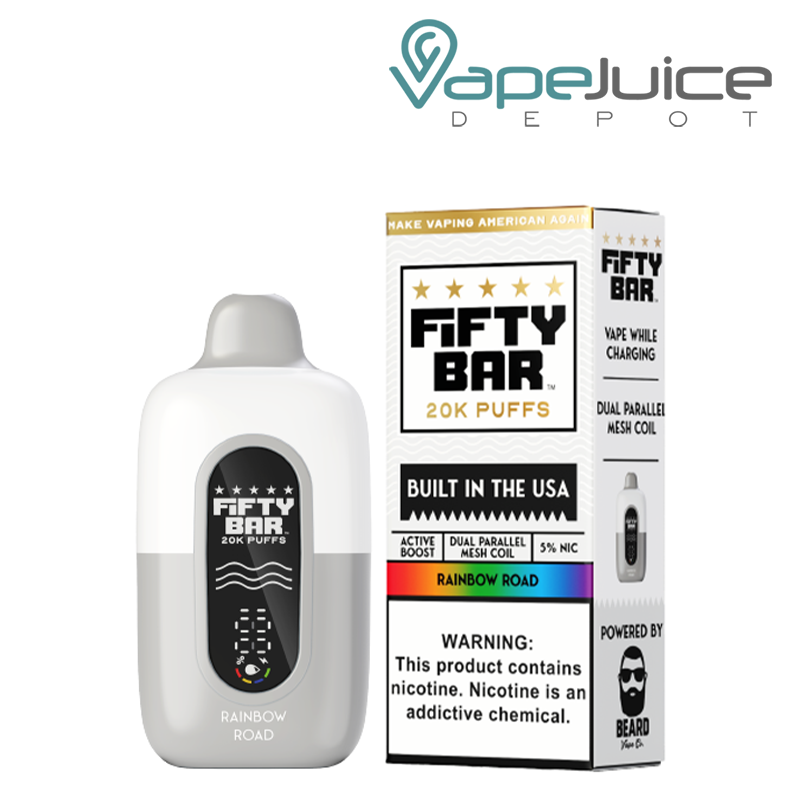 A Rainbow Road Fifty Bar V2 20k Disposable and a box with a warning sign next to it - Vape Juice Depot