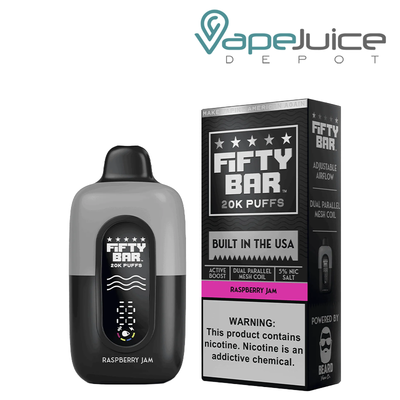 A Raspberry Jam Fifty Bar V2 20k Disposable and a box with a warning sign next to it - Vape Juice Depot