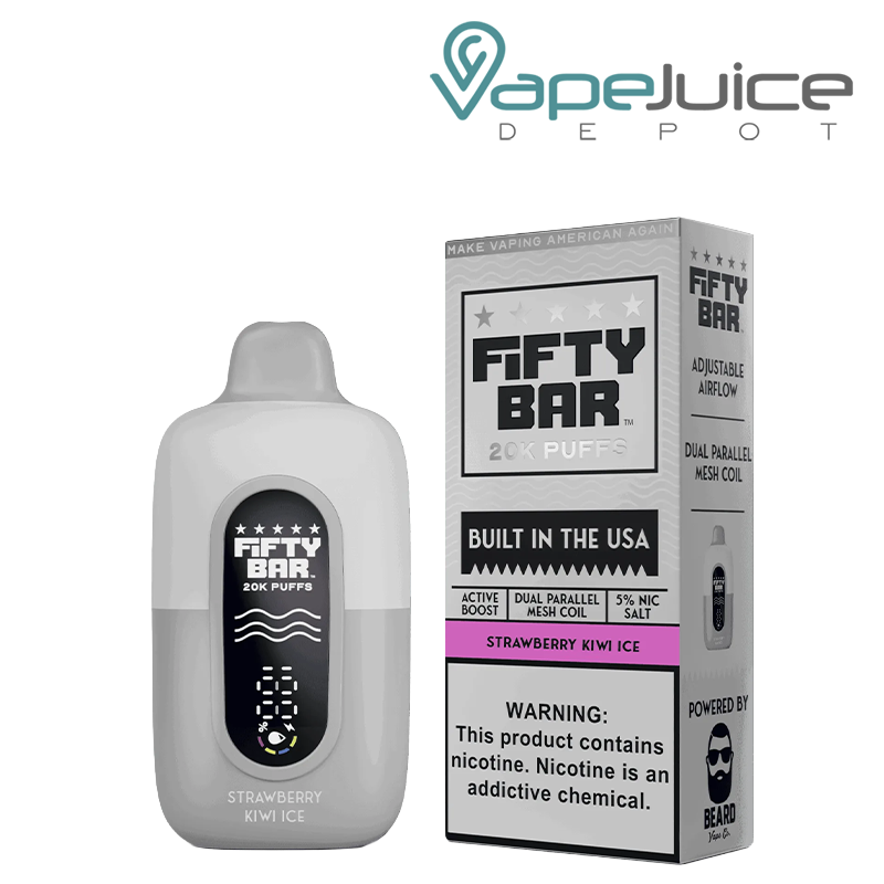 A Strawberry Kiwi Ice Fifty Bar V2 20k Disposable and a box with a warning sign next to it - Vape Juice Depot