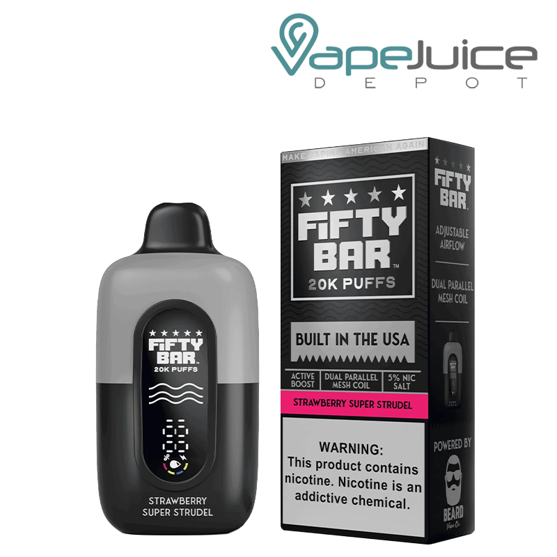 A Strawberry Super Strudel Fifty Bar V2 20k Disposable and a box with a warning sign next to it - Vape Juice Depot