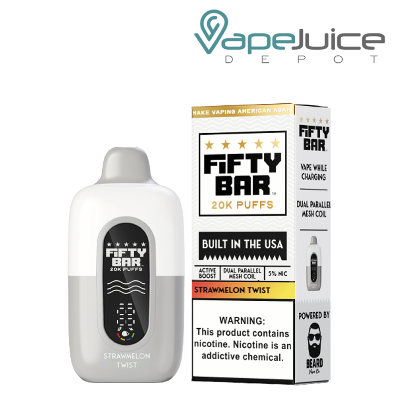 A Strawmelon Twist Fifty Bar V2 20k Disposable and a box with a warning sign next to it - Vape Juice Depot