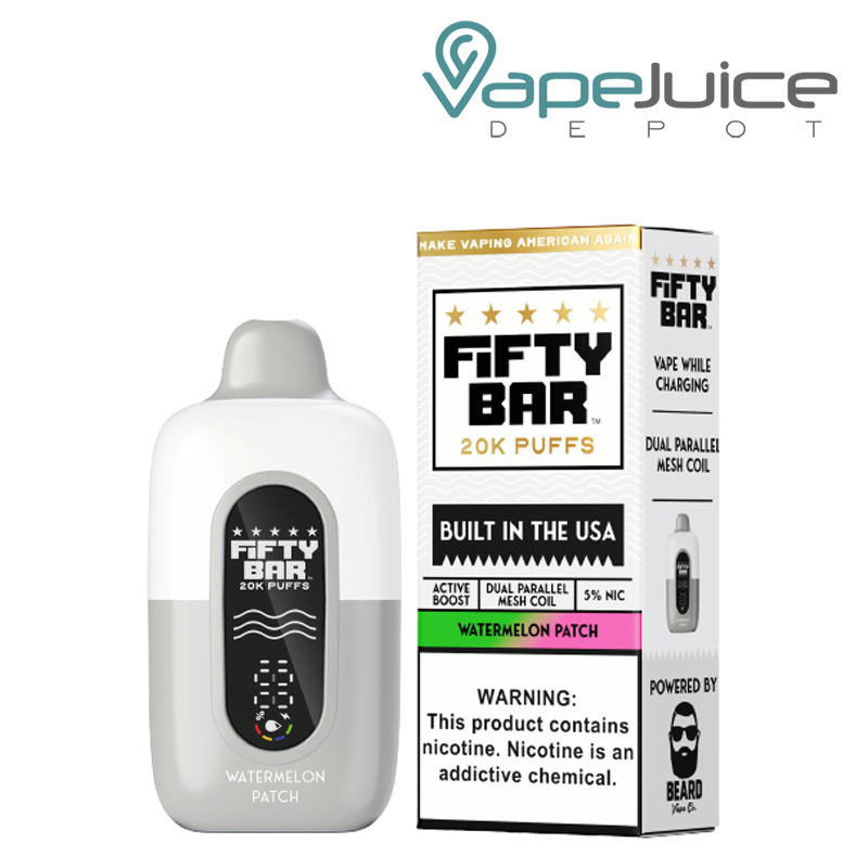 A Watermelon Patch Fifty Bar V2 20k Disposable and a box with a warning sign next to it - Vape Juice Depot