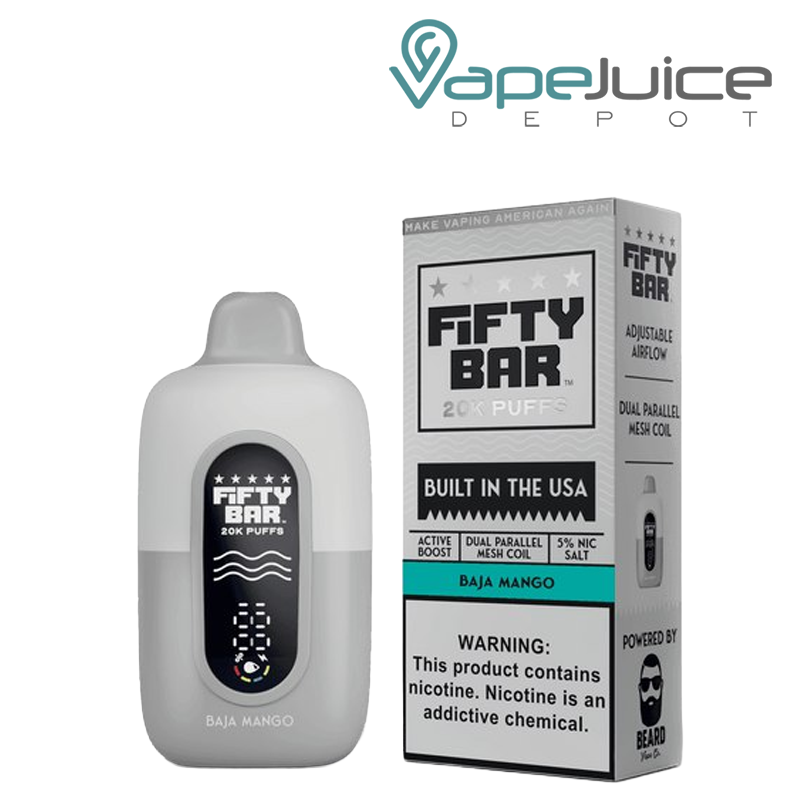 A Baja Mang Fifty Bar V2 20k Disposable and a box with a warning sign next to it - Vape Juice Depot