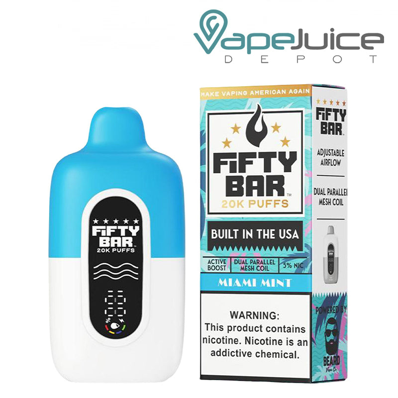 Miami Mint Fifty Bar V2 20k Disposable with Full Digital Screen and a box with a warning sign next to it - Vape Juice Depot