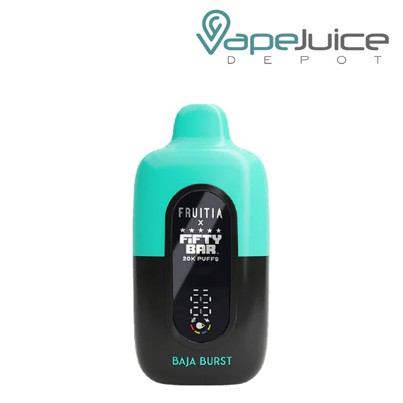 Baja Burst Fifty Bar X Fruitia 20K Disposable with its smart screen visible - Vape Juice Depot
