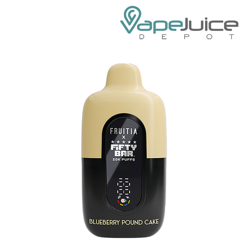 Blueberry Pound Cake Fifty Bar X Fruitia 20K Disposable with its smart screen visible - Vape Juice Depot
