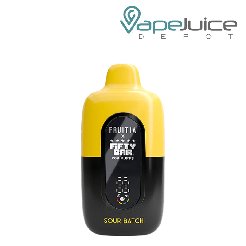 Sour Batch Fifty Bar X Fruitia 20K Disposable with its smart screen visible - Vape Juice Depot