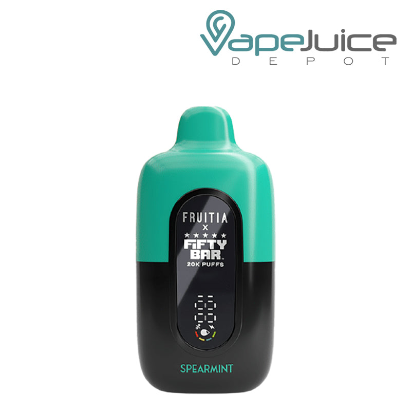 Spearmint Fifty Bar X Fruitia 20K Disposable with its smart screen visible - Vape Juice Depot