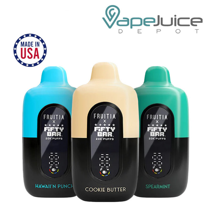 Three colors of Fifty Bar X Fruitia 20K Disposable next to each other - Vape Juice Depot