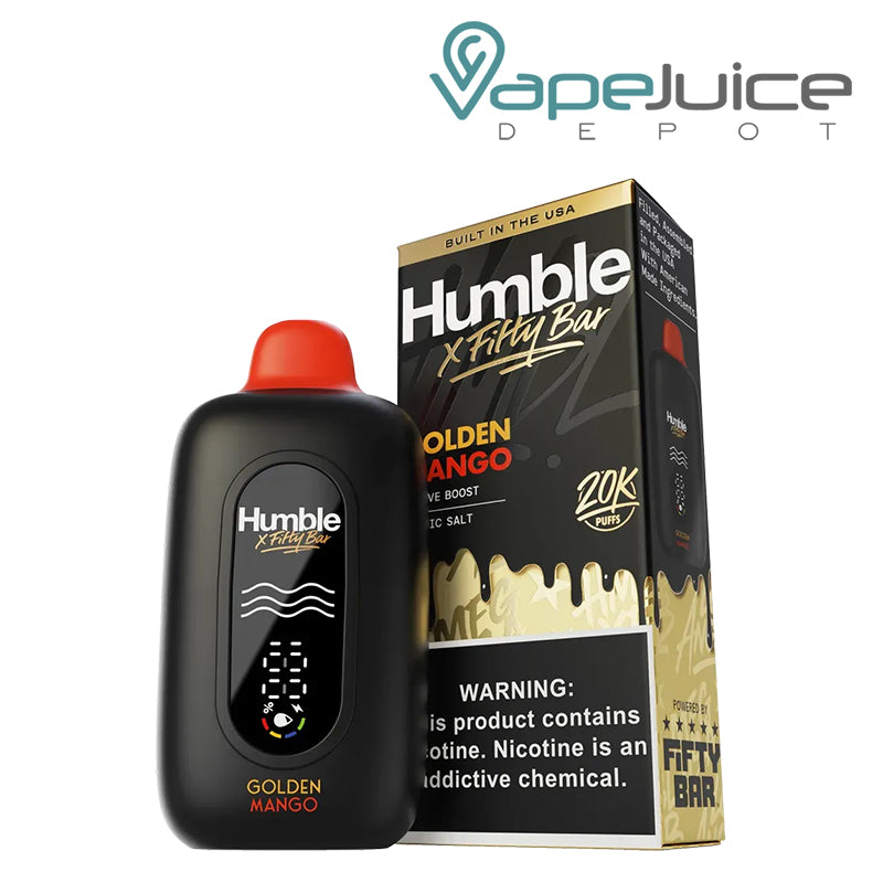 A Golden Mango Fifty Bar X Humble 20K Disposable with an LED screen and a box with a warning sign next to it - Vape Juice Depot