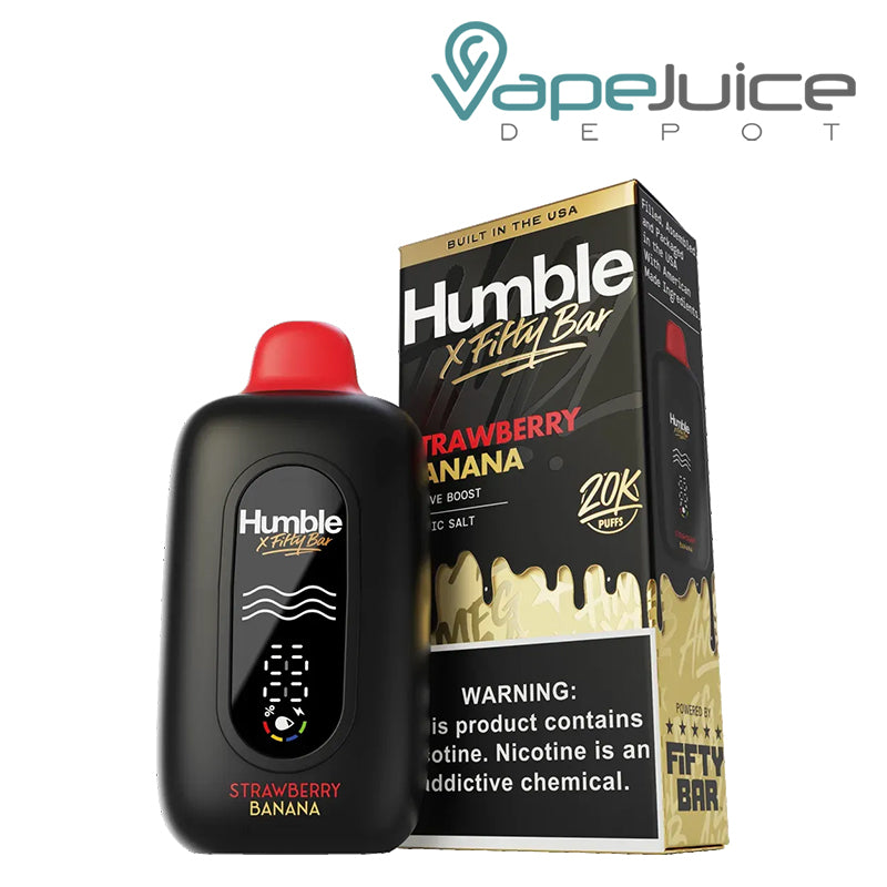 A Strawberry Banan Fifty Bar X Humble 20K Disposable with an LED screen and a box with a warning sign next to it - Vape Juice Depot