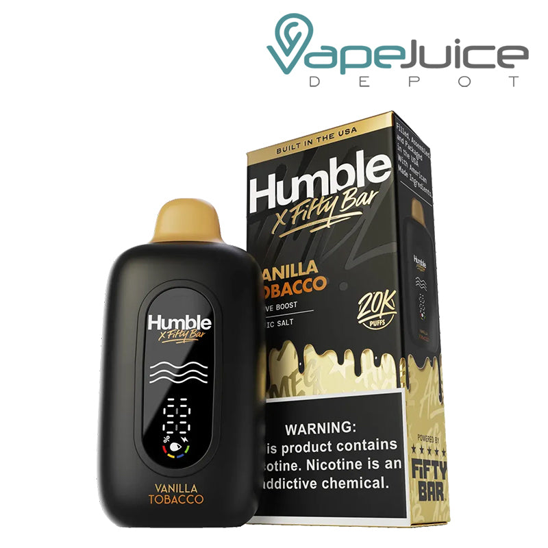 A Vanilla Tobacco Fifty Bar X Humble 20K Disposable with an LED screen and a box with a warning sign next to it - Vape Juice Depot
