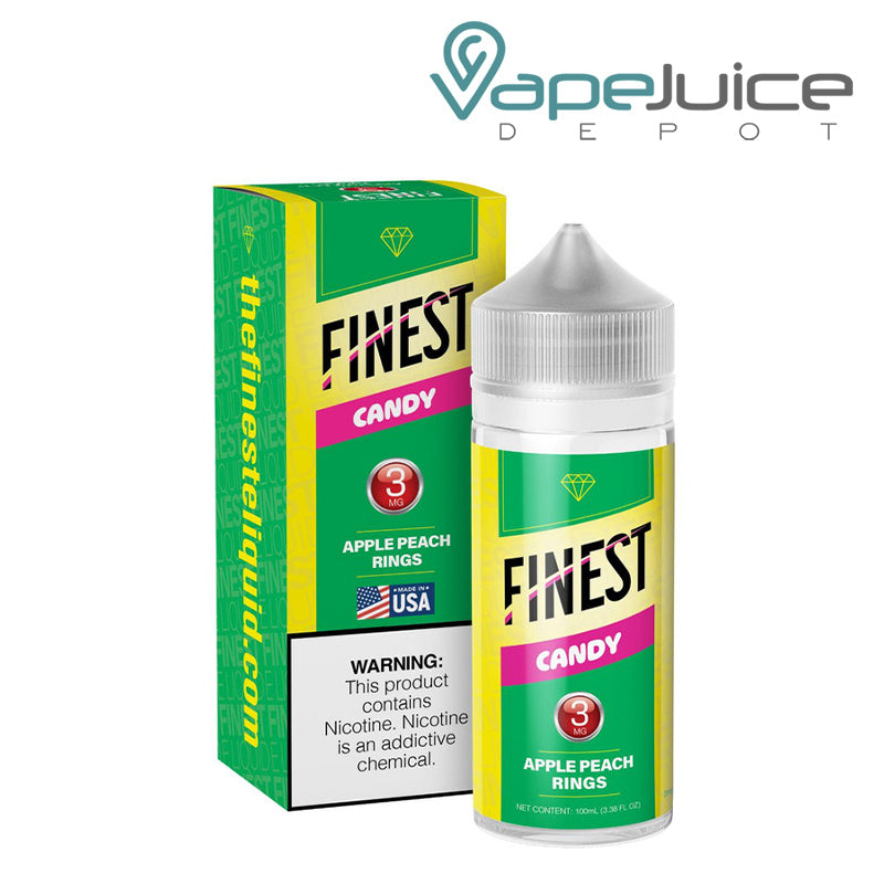A Box of Apple Peach Rings The Finest Candy Edition with a warning sign and a 100ml 3mg bottle next to it - Vape Juice Depot