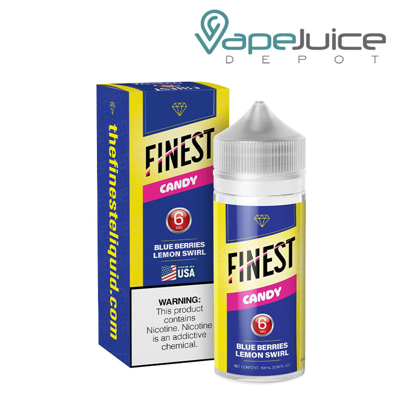 A Box of Blue Berries Lemon Swirl The Finest Candy Edition with a warning sign and a 100ml 6mg bottle next to it - Vape Juice Depot