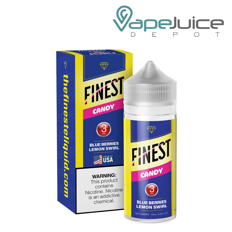 A Box of Blue Berries Lemon Swirl The Finest Candy Edition with a warning sign and a 100ml 3mg bottle next to it - Vape Juice Depot