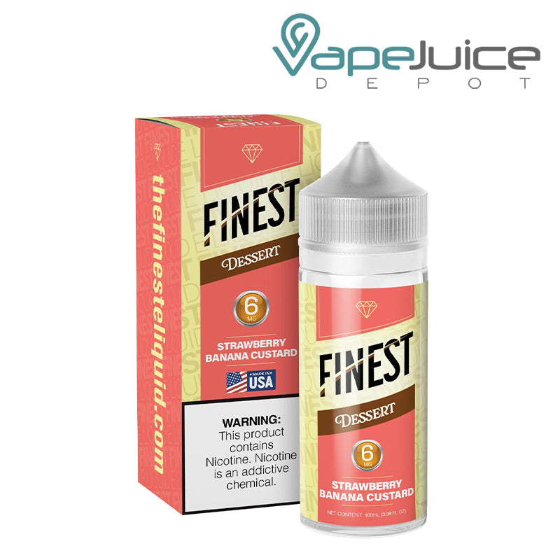 A Box of Strawberry Banana Custard The Finest Dessert Edition with a warning sign and a 100ml 6mg bottle next to it - Vape Juice Depot