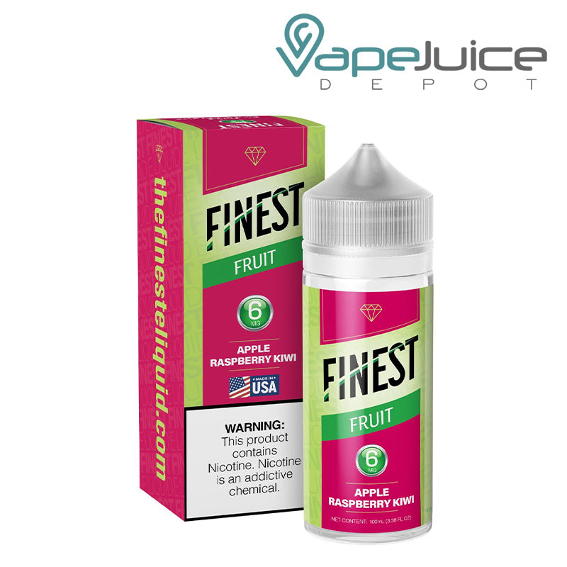 A box of Apple Raspberry Kiwi The Finest Fruit Edition with a warning sign and a 100ml 6mg bottle next to it - Vape Juice Depot