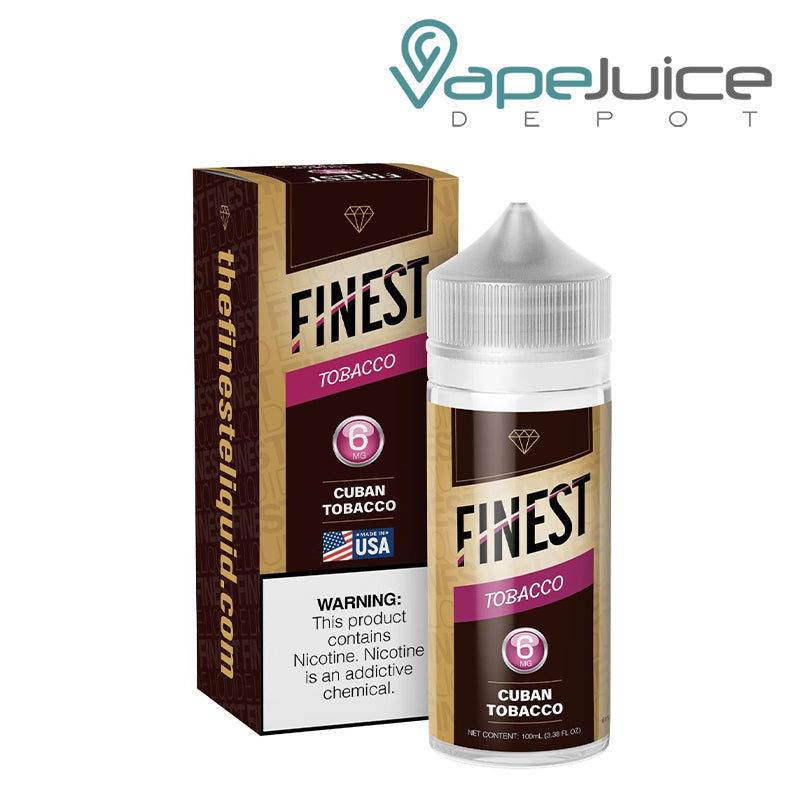 A Box of Cuban Tobacco The Finest Tobacco Edition with a warning sign and a 100ml 6mg bottle next to it - Vape Juice Depot