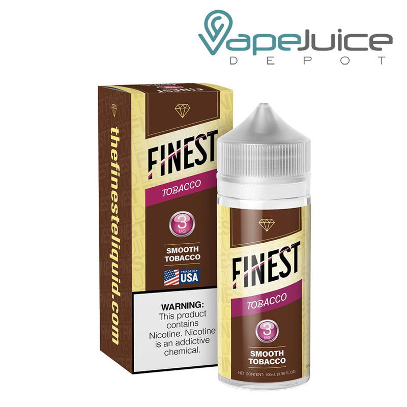 A Box of Smooth Tobacco The Finest Tobacco Edition with a warning sign and a 100ml 3mg bottle next to it - Vape Juice Depot