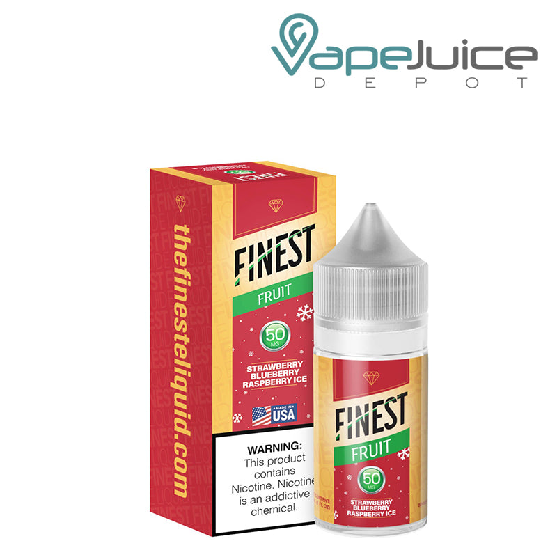 A Box of Strawberry Blueberry Raspberry Ice The Finest Salt Nic with a warning sign and a 30ml 50mg bottle next to it- Vape Juice Depot