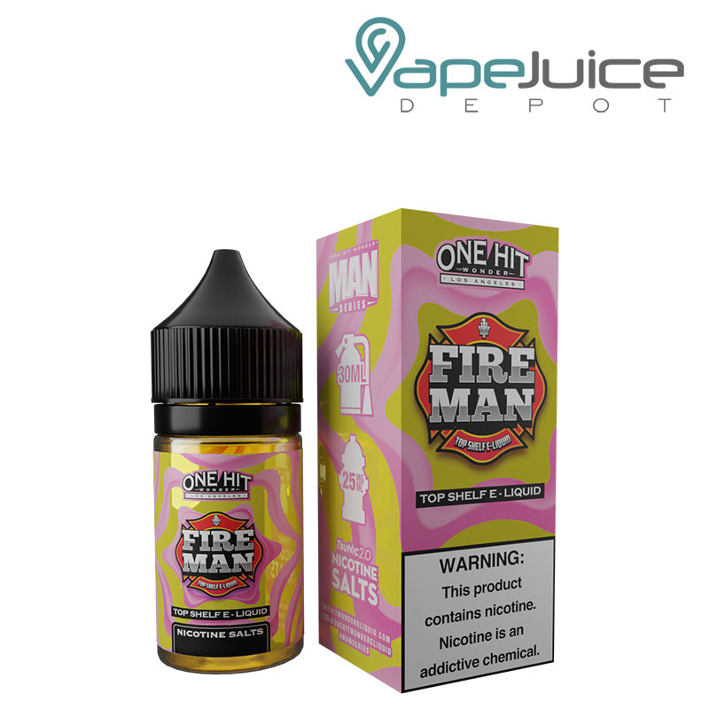 A 30ml bottle of Fire Man Nicotine Salt eLiquids One Hit Wonder and a box with a warning sign next to it - Vape Juice Depot
