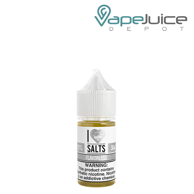 A 30ml bottle of Flavorless I Love Salts by Mad Hatter with a warning sign - Vape Juice Depot