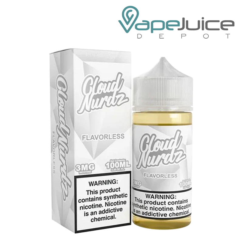 A Box of Flavorless TFN Cloud Nurdz eLiquid with a warning sign and a 100ml bottle next to it - Vape Juice Depot